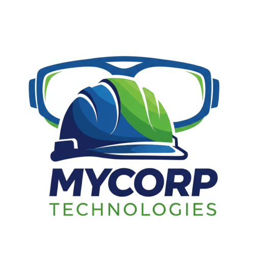 Logo of MYCORP Technologies featuring a blue and green hard hat overlaid on a pair of safety goggles, symbolizing industrial innovation and workplace safety.